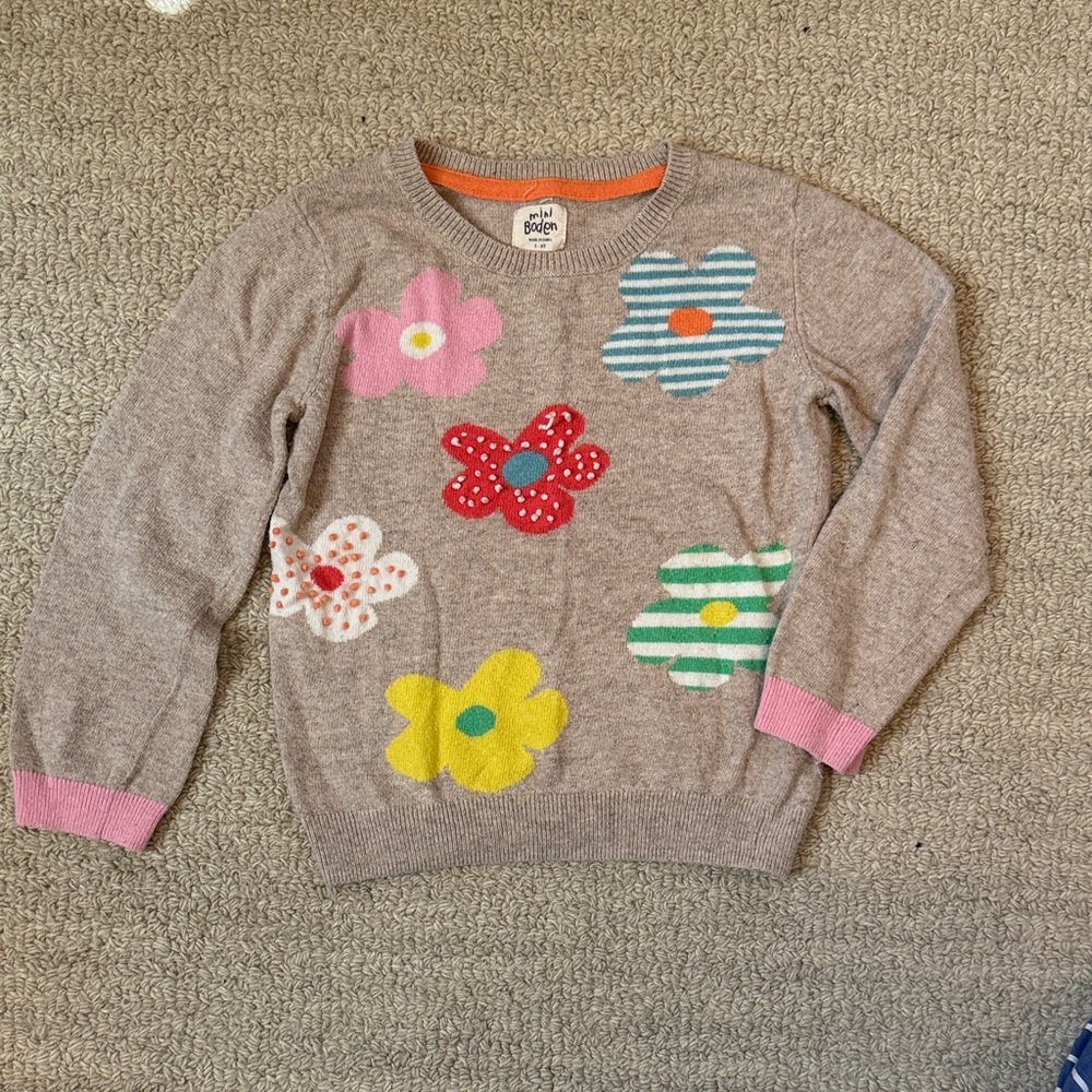 Mini Boden Beige Sweater with Colorful Floral Appliqués
